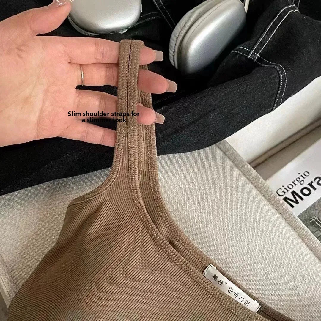 New Sle Sl Strapl Vest Women's Summer Slimming Square Collar Base irt Beautiful Ba Top Nylon Cotton Spandex