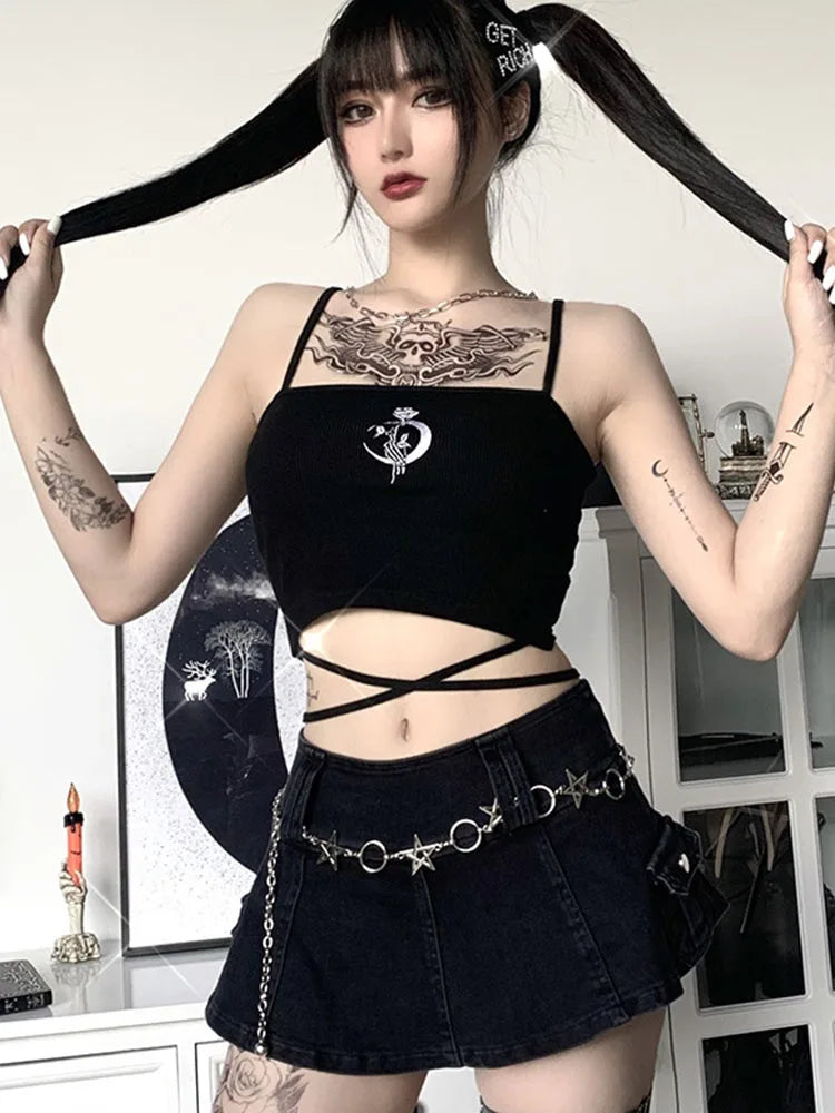 Gothic Women's Print Suspender Sleeveless Square Neck Slim Crop Top Sexy Halter Bottoming Shirt Girls Party Wear
