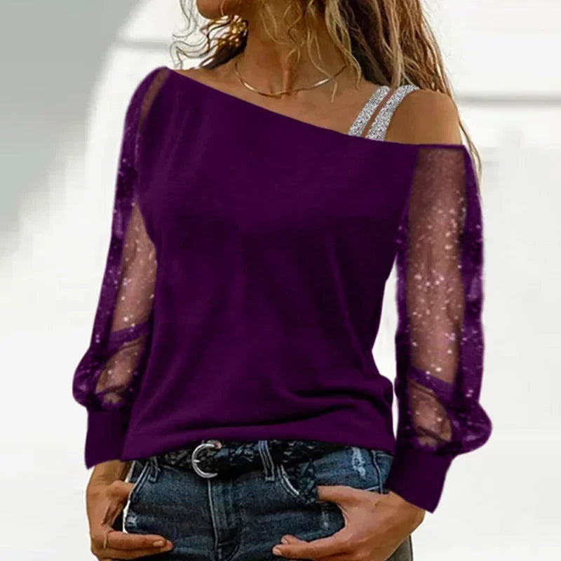Fashion Slash Neck T Shirt Women Perspective Shiny Long Sleeves Tees Silver Strap Off Shoulder Pullover Streetwear Tops