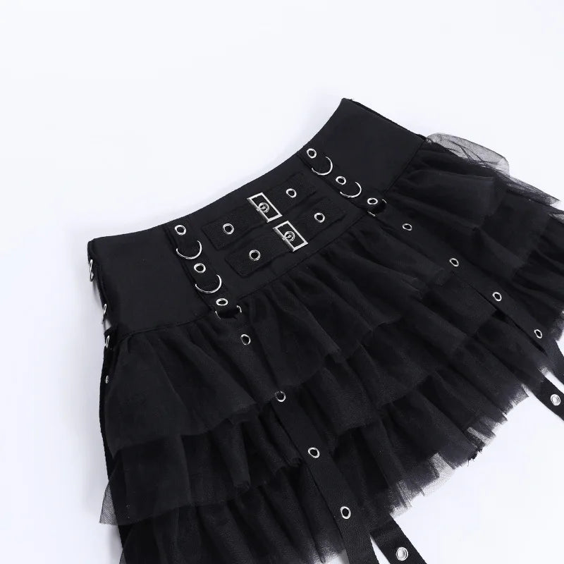 Y2K Street Dark Devil Cloth Strip Pleated Skirt Metallic Buckling Lace Layer Cake Short Skirt Women‘s High-end Design Sex Skirt