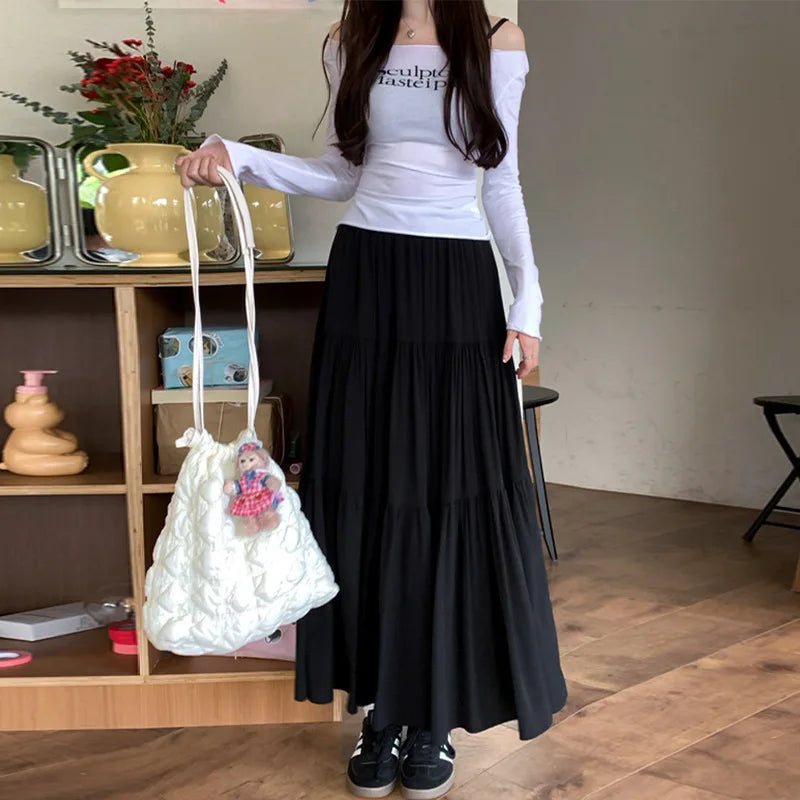 Pink midi skirt for women in spring and autumn summer 2025new high waist slimming A-line long skirt, small and fluffy cake skirt black