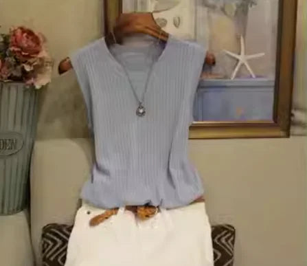 1pcs Summer New Fashion Knitted Vests O-neck Sleeveless Casual Thin Tops One Size Blue