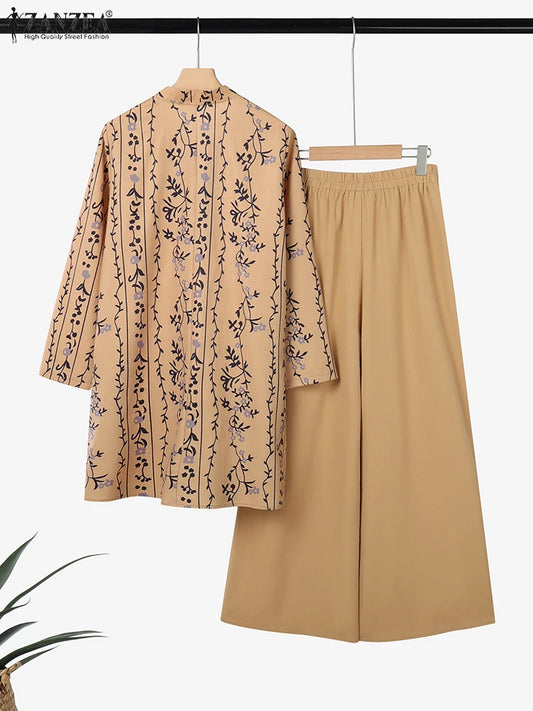 2025 ZANZEA Fashion Autumn Long Shirt Pant Suits Women Outfts 2 Piece Sets Long Sleeve Printed Tops Trousers Casual Tracksuits Badiee Stylez