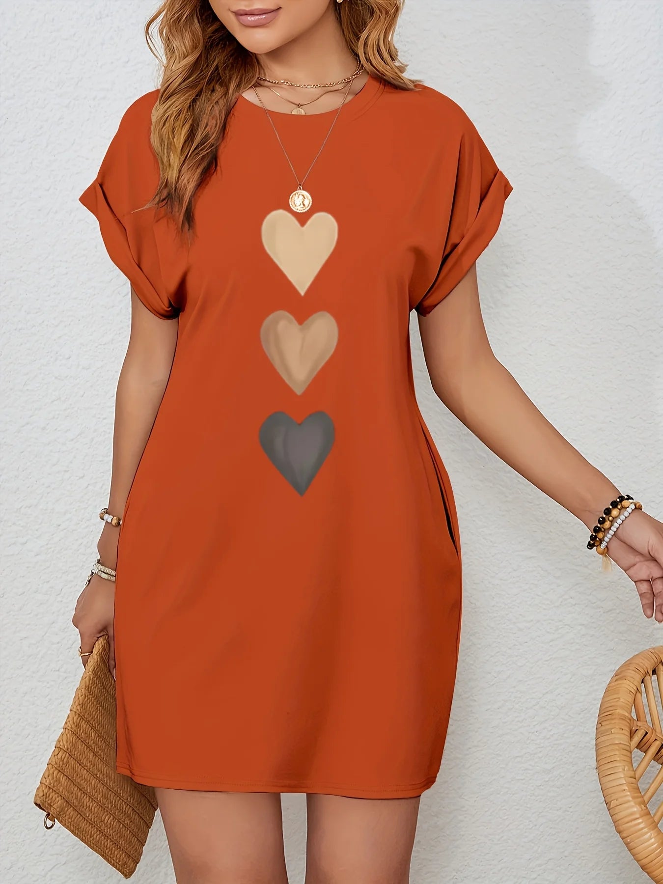 Women'S Casual Knit TShirt Dress with Heart Print Crew Neck Short Sleeve Fashionable Top Black with Colorful Flag Design SKY BLUE