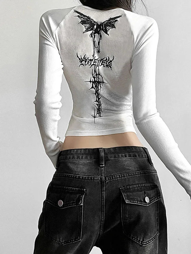 Y2K T Shirts Vintage Women O-neck Tee Long Sleeve Grunge Print Casual Crop Tops Female Graphic Korean Fashion Crop Tops EMO