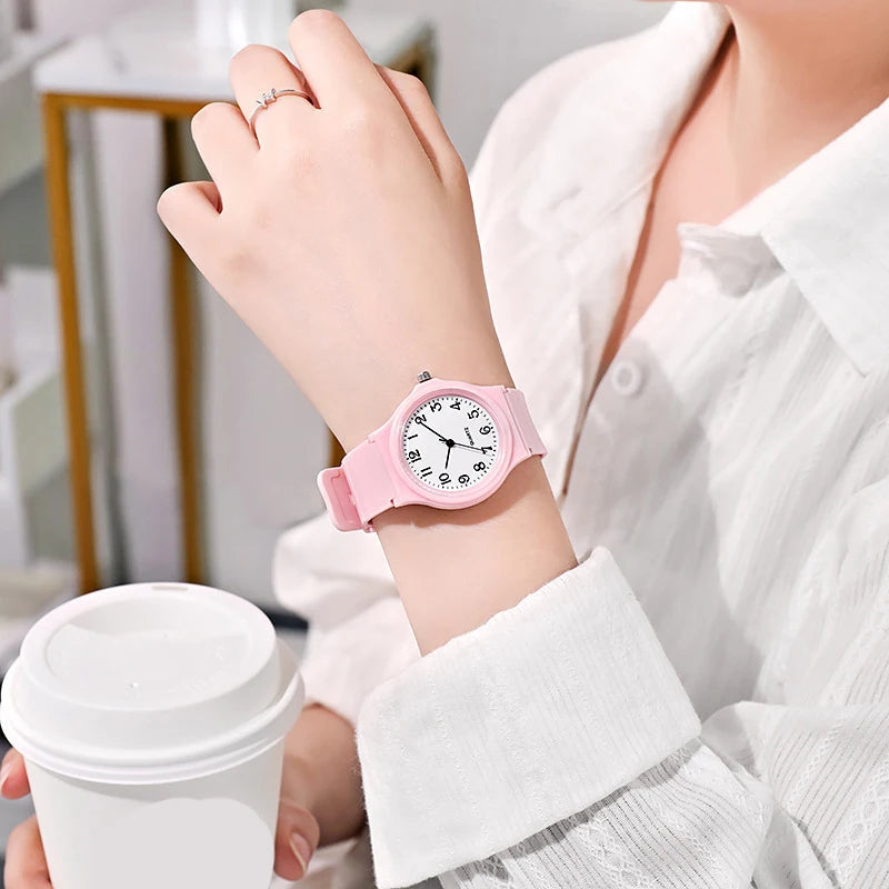 Casual Exam Watch Silicone Strap Simple Women Watch Student Ladies Quartz Wristwatch Waterproof Round Small Dial Clock for Girls Pink