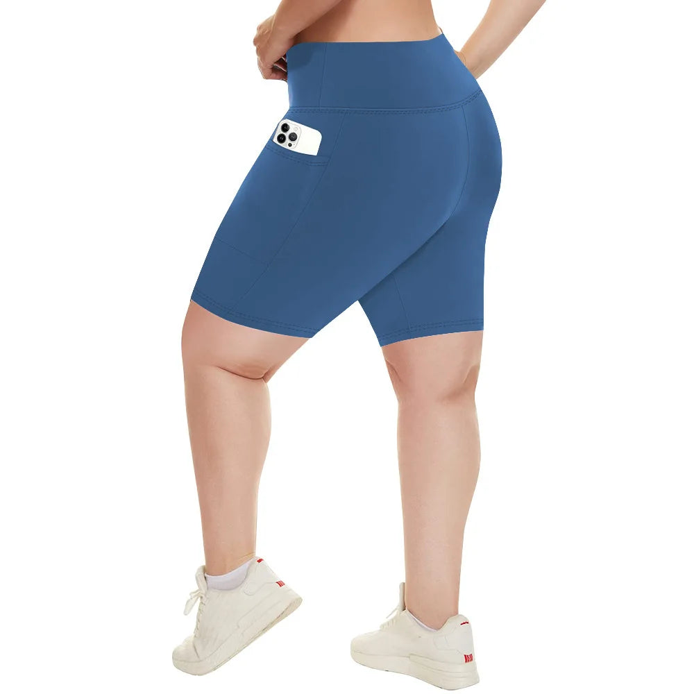 Plus Size Fit Yoga Shorts for Women's High Waist Side Pocket Workout Running Tight Stretchy Athletic Summer Fashion Slim Shorts
