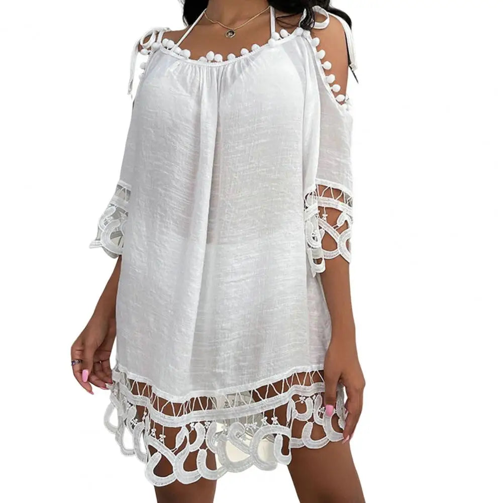 Fabulous Pure Color Beach Mini Dress Loose Beach Mini Dress Soft Pullover Bathing Cover Up Women Clothes White One Size