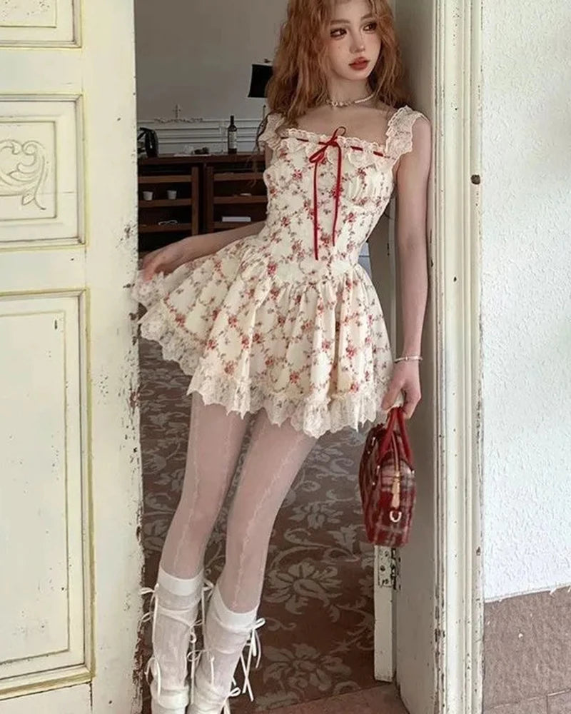 Y2K Sweet Floral Dress Set Woman Casual Red Short Cardigan Elegant Lace Mini Dress Female Korean Prairie Chic Clothing Suit