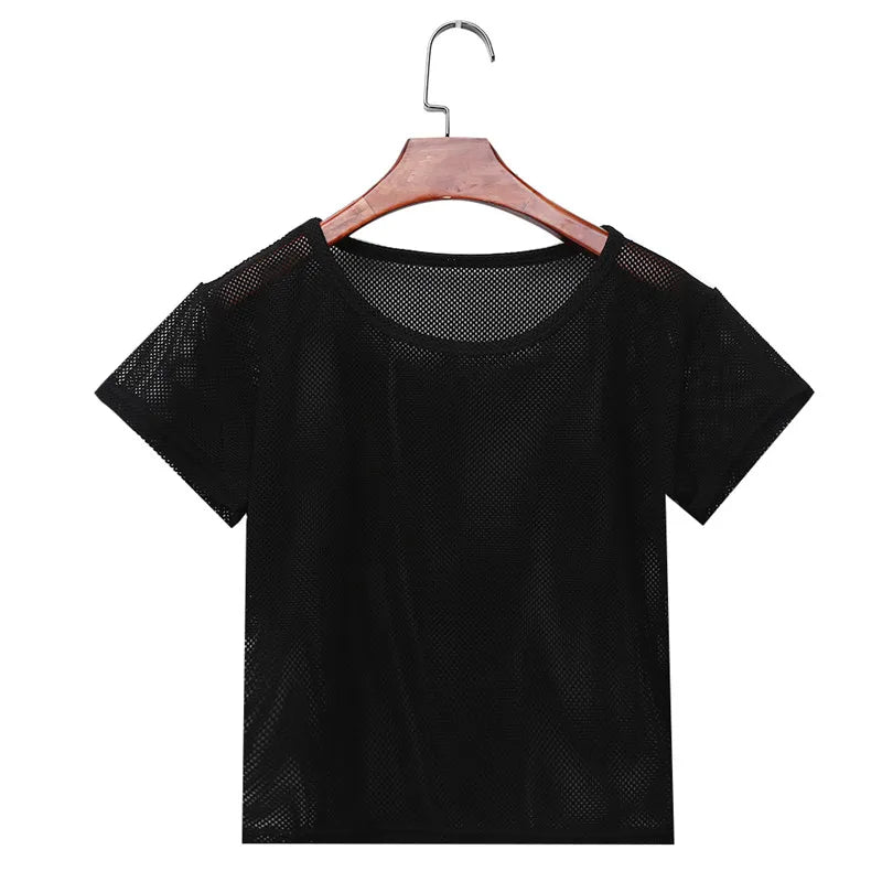 2025 Sexy Mesh Yoga Shirt Quick Dry Sport Fitness Female Running Shirt Gym Clothes Tank Top Workout Exercises T-Shirt Sportwear Black