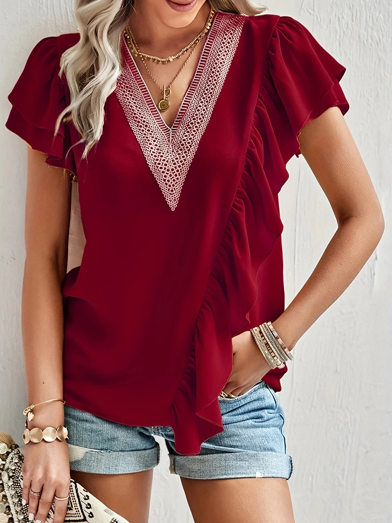 Women's oversized woven casual summer solid color shirt Oxblood