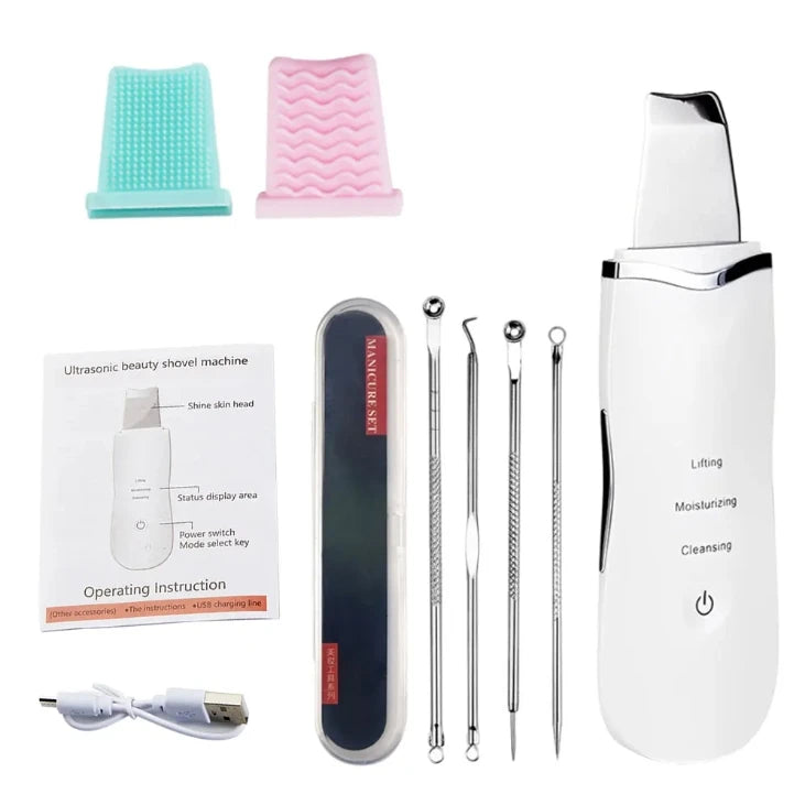 Electric Ultrasonic Skin Scrubber Vibration Face Spatula Peeling Blackhead Remover Facial Lifting Cleansing Ultrasonic Skin Care White kit add gift