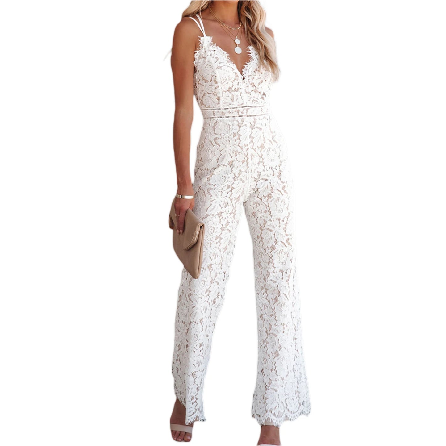 Women's Clothing Elegant Jumpsuit, Spaghetti Straps V Neck Solid Color Lace Open Back Wide-leg Jumpsuits Long Playsuit Badiee Stylez