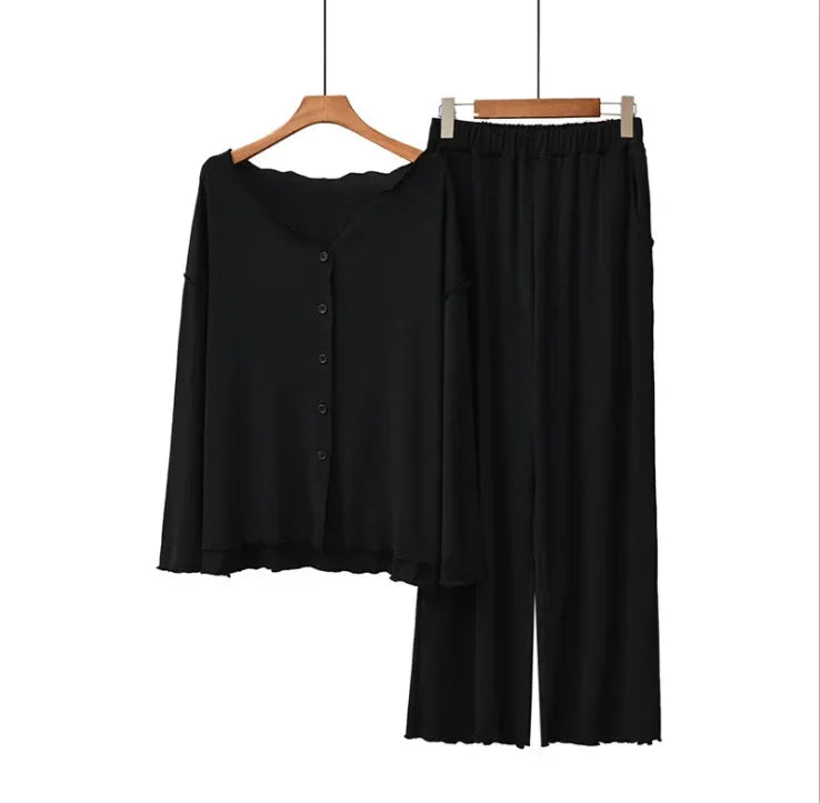 Japanese new style cotton pajamas suit ladies spring and autumn cardigan solid color long-sleeved trousers home service suit black One Size