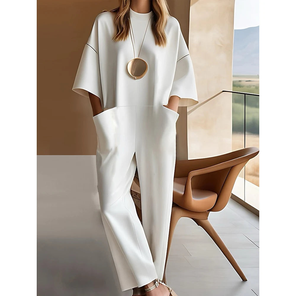 Women’s Loose Jumpsuit Pockets Solid Elegant Straight Long Pants Summer Round Neck 3/4 Sleeves Casual Female Office Lady Rompers Badiee Stylez