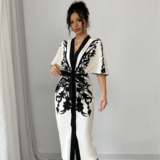 Women's elegant temperament V-neck A-line party dress 2025 new half sleeved printed lace up waist dress