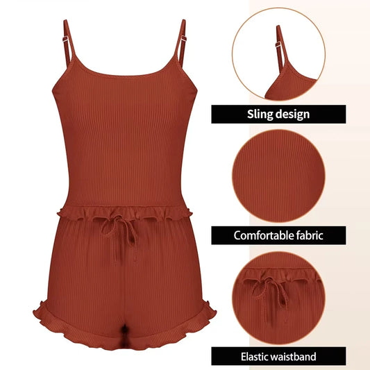 New Summer Womens Ribbed Knit Pajama Set Ruffle Trim Cami Top Drawstring Shorts Loungewear Two Piece Sleepwear Sexy Homewear