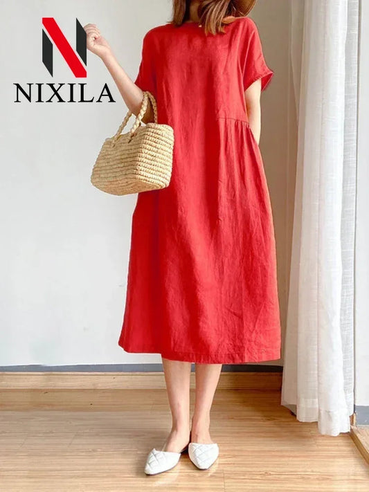 New in Spring Summer Women's Dress Elegant Casual Loose Short Sleeve Tops A-LINE Oversize Solid Midi Dresses for Women Clothing Badiee Stylez