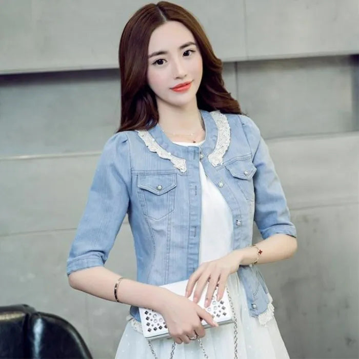 2023 Spring/Summer New Denim Jacket Women's Korean Casual Slim All-Match Short Crop Sleeve Short Sleeve Denim Button Up Top 40501