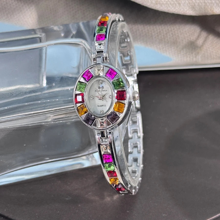 Color zircon advanced sense diamond set women's watch niche bracelet bracelet Small exquisite quartz watch cross-border hot sale Silver