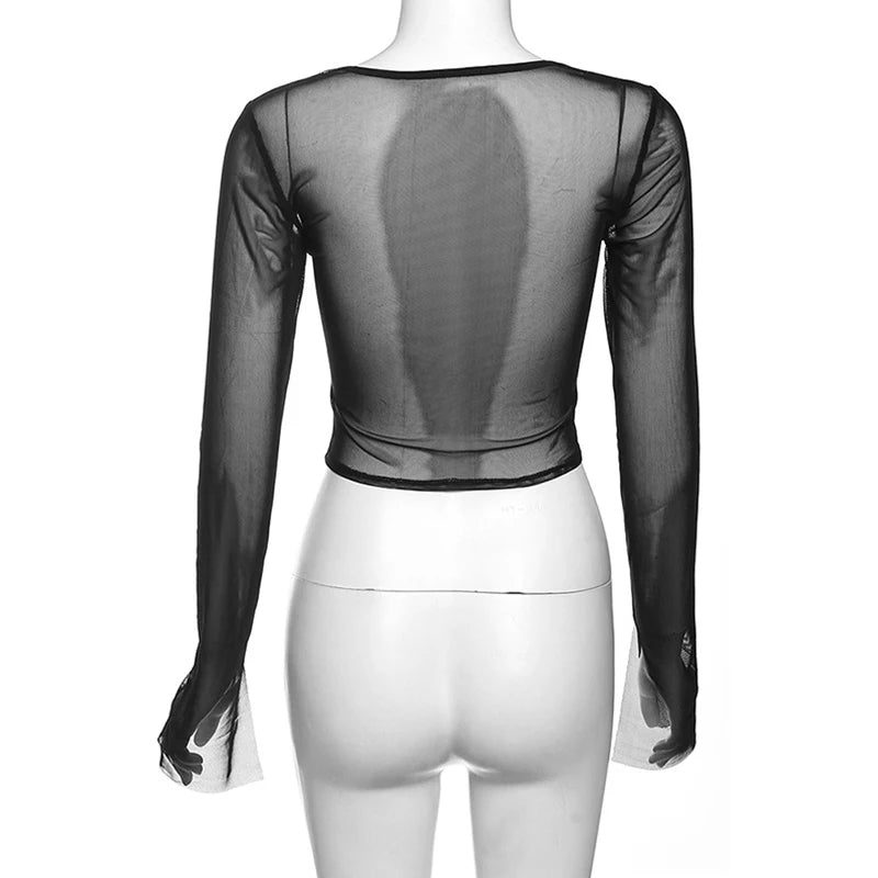 Xingqing Sexy Crop Tops Women Solid Color Sheer See Through Square Neck Long Sleeve Fishbone Corset T Shirts Ladies Clothing
