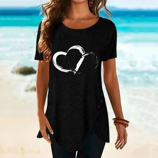 Women's Short-sleeve Heart Printed T-shirt Summer Casual Loose Long Top Tee Shirt Clothing Fashion T Shirt Streewear Oversized