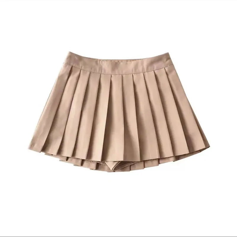 Zoki Sexy Women Pleated Skirts High Waist Summer Vintage Mini Skirts Korean Tennis Student White Designed Dance Skirt APRICOT