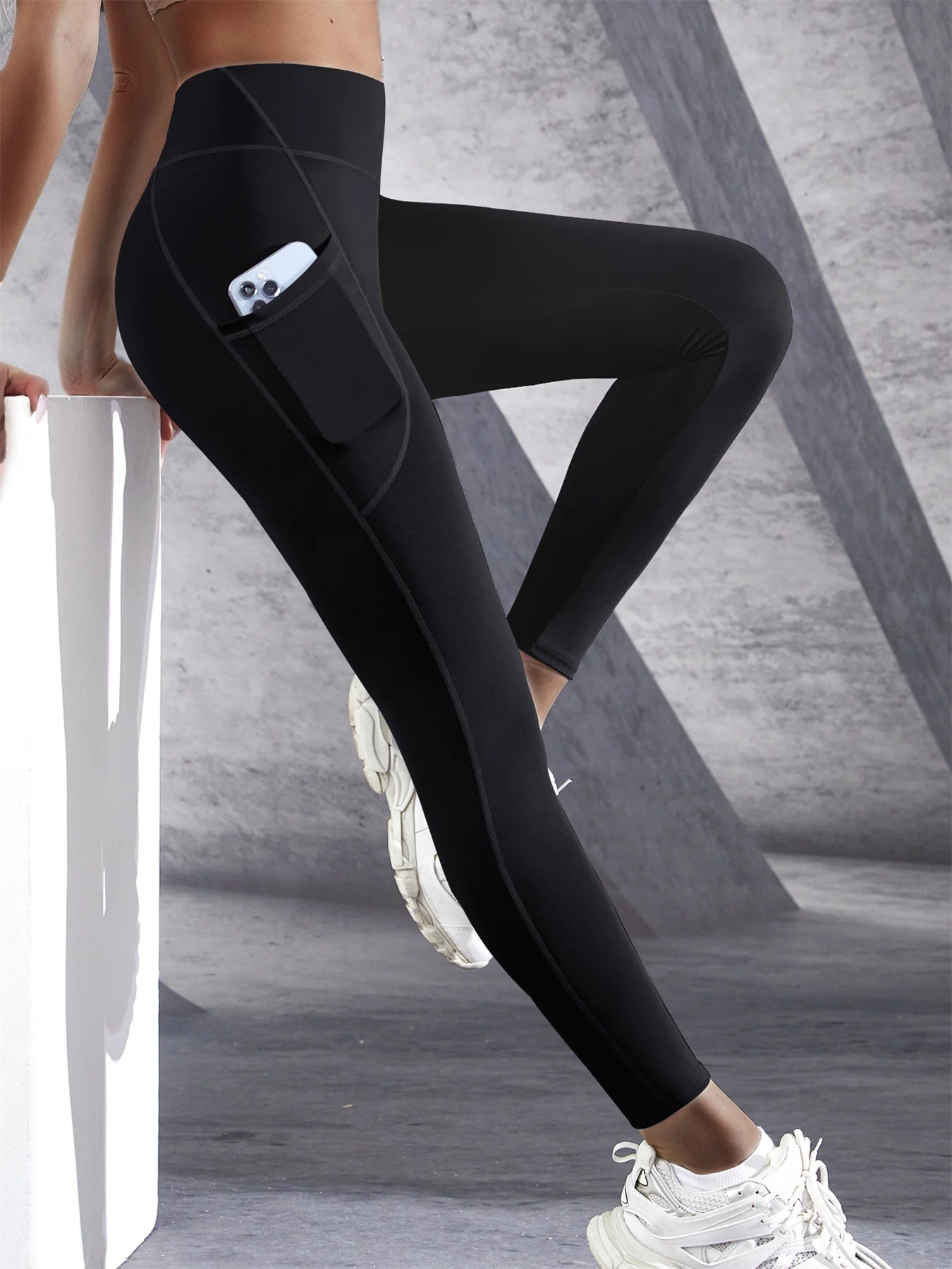 New High Waist Women's Leggings Stretch Yoga Pants Tights With Pockets Push Up Fitness Running Sportswear Solid Color Pants Black