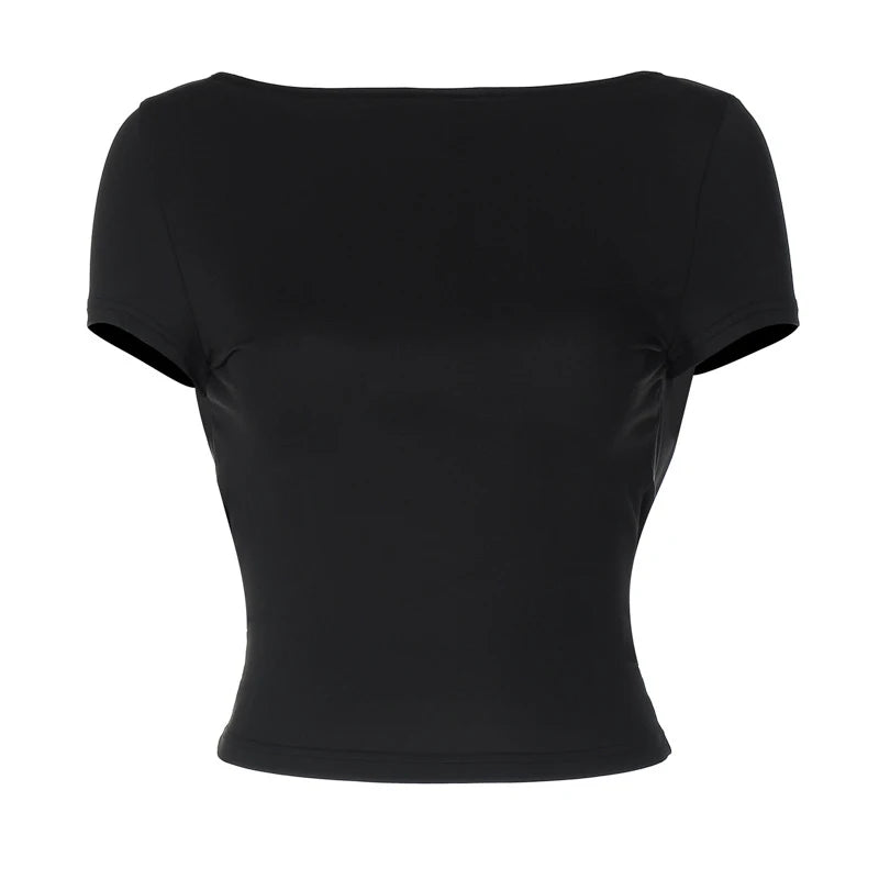 O Neck Short Sleeve Backless Ruched Crop Top Women'S Tshirt Y2K Streetwear Summer Spring Dropshipping Casual Clothing