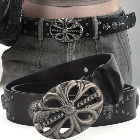New Men's Belt Bohemian Style Vintage Inlaid Skeleton Head Women's Belt Riveted Belts Six Star Belt Punk Rock Sexpot Y2K Belts