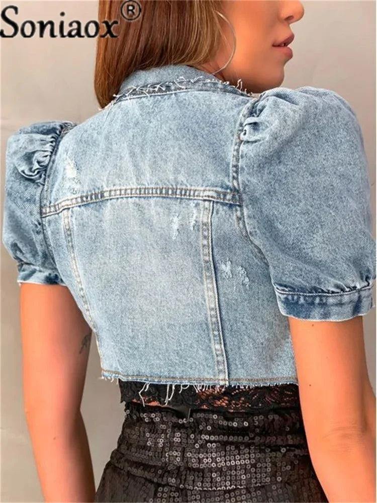 2022 Fashion Women Streetwear Jean Coat Cropped Outerwear Jacket Female Tops Single Breasted Ripped Short Sleeve Denim Jackets