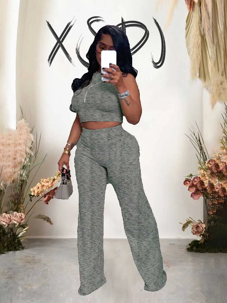 2 Piece Sets Womens Outfits Elegant Stretchy Knitted Summer Suit Sexy Sleeveless Top and Pant Suit Wholesale Dropshipping green