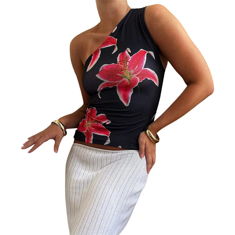 Xingqing One Shoulder Tank Top for Women Floral Print Sleeveless Backless Vest Cropped T Shirt y2k Aesthetic Clothing Streetwear As photo shows 4