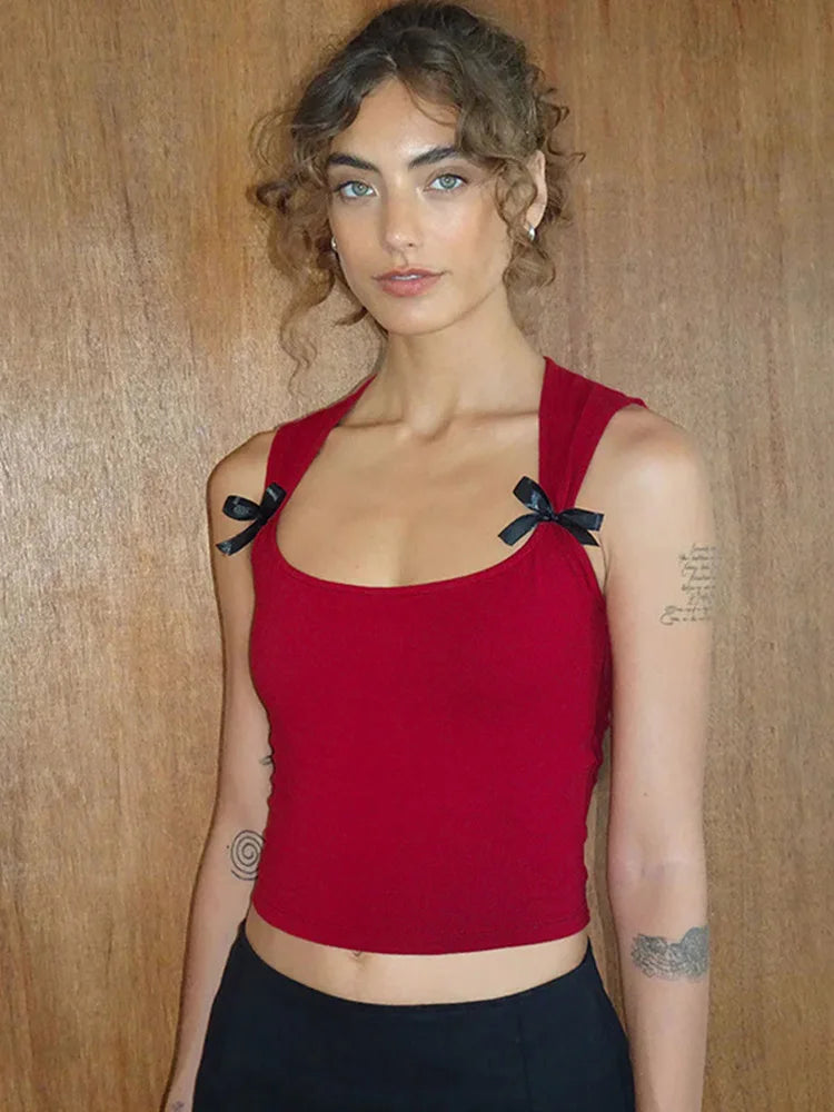 Y2K Women'S Bow Tie-Up Tank Tops Wide Shoulder Straps Bandage Camisole Sexy Low Cut Crop Tops Female Vest Tops Red