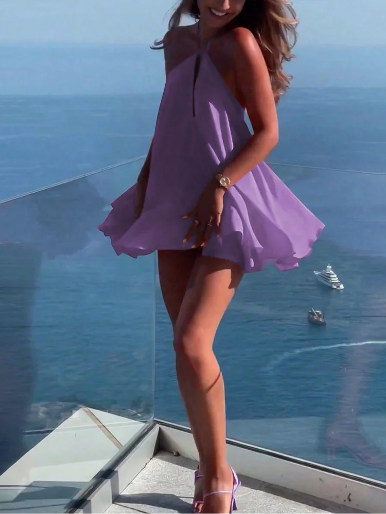 Women Sexy Halter Layered Ruffles Mini Dress Fashion Off Shoulder Backless A Line Vestidos Spring Summer Chic Lady Short Dresses Purple
