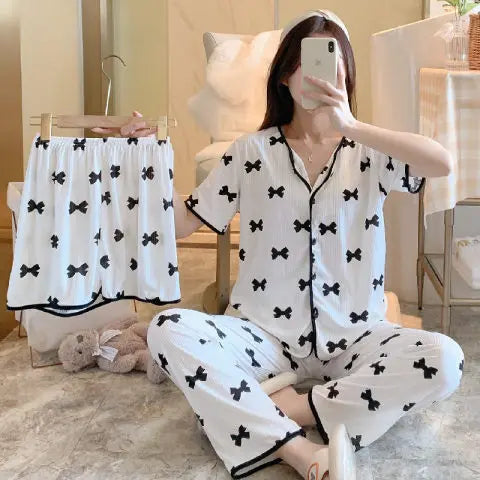 2023 New Ladies Three Piece Pajamas Women Printed Pajamas Home Sets Pajama Sets Cute Girls Homewear Black