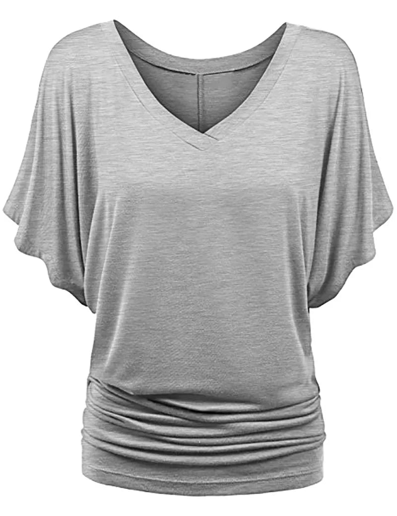 Women V Neck Short Sleeve Pleated Loose T-shirts Summer Lady Batwing Sleeve Oversized S-5XL Tee Shirt Tops OUYMFZ-A1375 Gray