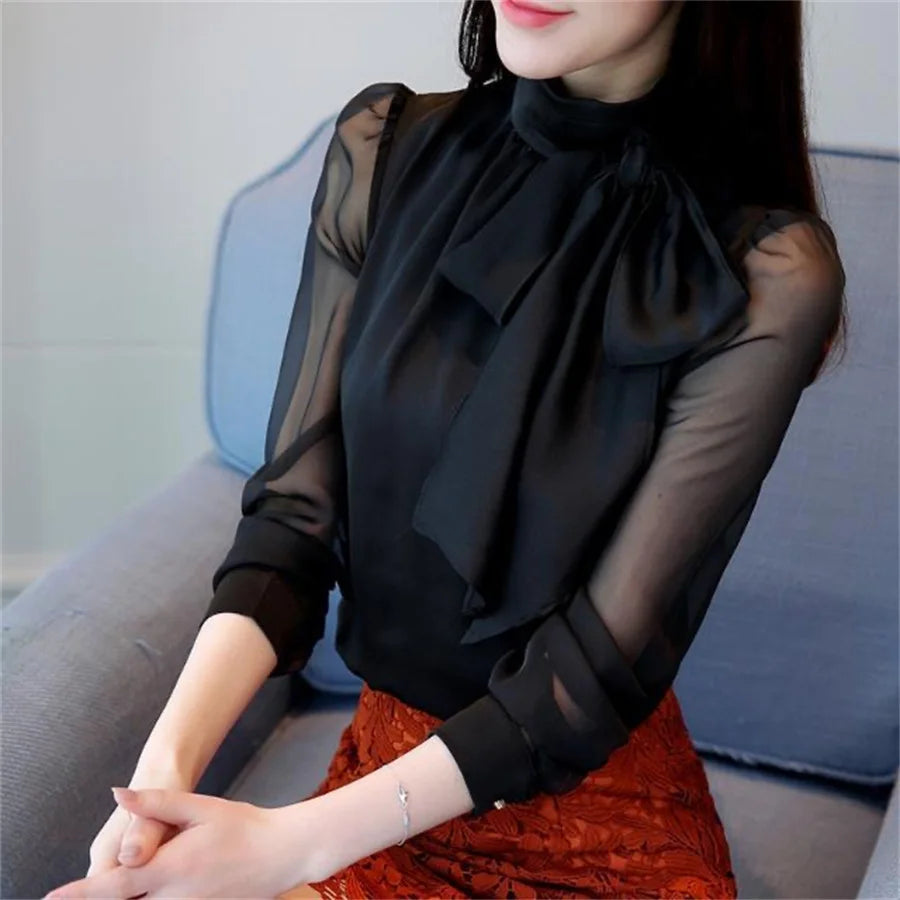 New Summer Fashion Tunic Women Blouse Shirts Long Sleeve Tie Bow Chiffon Turtleneck Formal Women White Black Shirts DF4905 black
