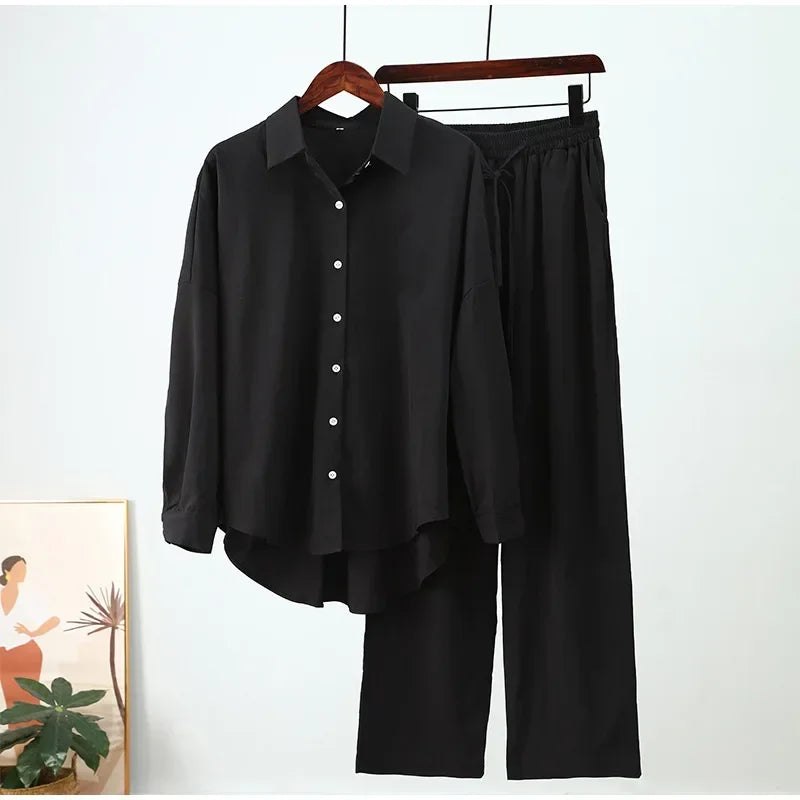 Holiday Wide Leg Pants Set Two Piece Set Women Vintage Boho Maxi Shirt Autumn Casual Loose Work Streetwear Y2k 2025 Outfits black