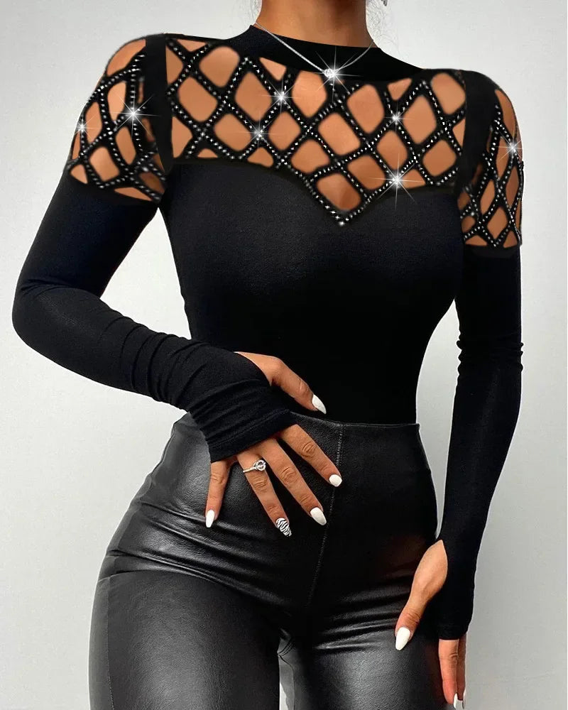 Women Hollow Out Hot Drilling Stitching Slim Top Long Sleeve Sexy Summer T Shirt Tops Black black