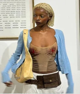 Niche personality printed sexy women's suspender vest summer retro chic low collar street casual slim color contrast T-shirt