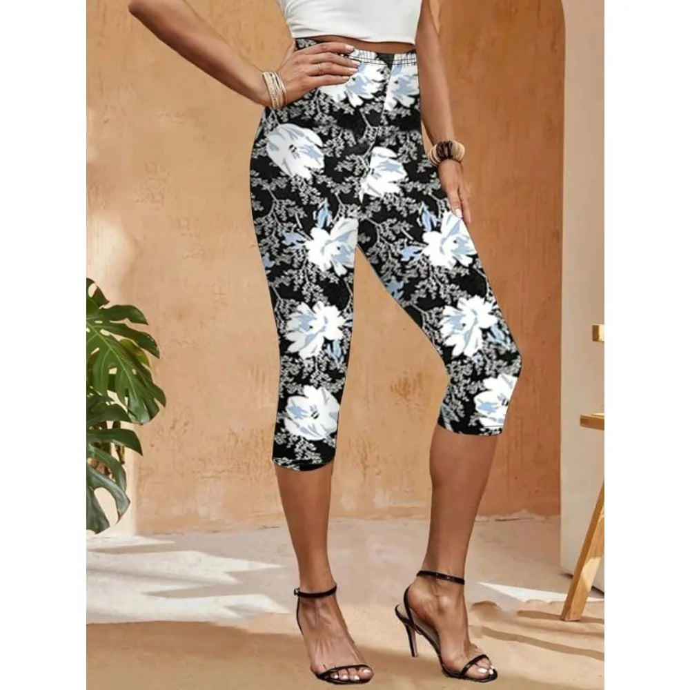 Plus Size Fashion Women's Cropped Printed trendy trousers Women's Tight Pants Seven-point Leggings black