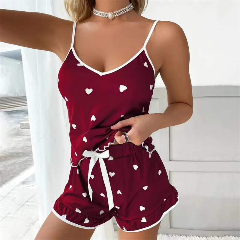 2025 Summer Pajama 2Pcs Set Large Size Vest Ruffle Shorts Women's Suspenders Soft Casual Cute Printed Women pajamas set Sexy Bow red