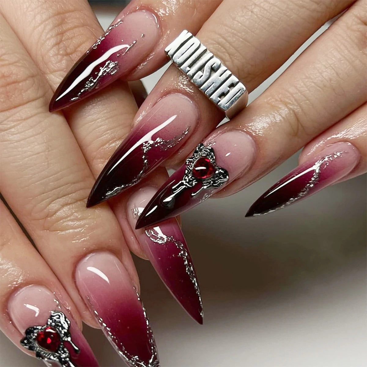 Red Black Gradient Press on Nails Medium Length Coffin Fake Nails with Sticky Tabs Ballerina False Nails Tips for Women 24Pcs Y-7