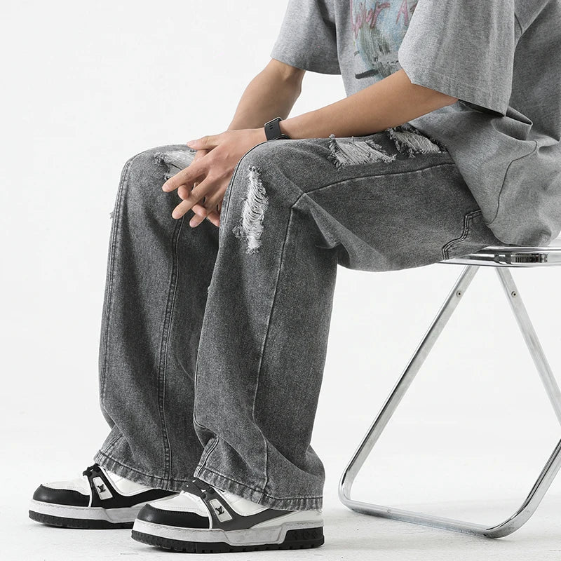 Men's Summer Ripped Jeans Loose Straight Leg Retro Men Draw Rope Port Fashion Brand All-match Casual Pants Smoky grey