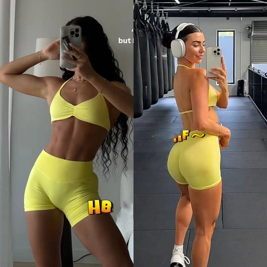 Impact Gym Set Women Two Piece Strappy Yoga Bra Top Workout Scrunch Shorts Suit Fitness Clothes Seamless Sportswear Workout Set