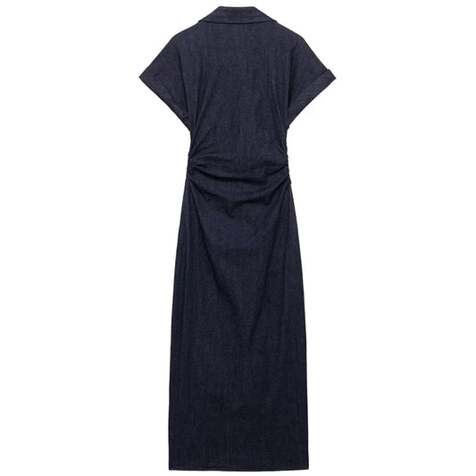 TRAF Womens Denim Dresses Summer 2025 Button Bodycon Blue Dress Ruffled Batwing Sleeve Long Dress Chic Casual Beach Vestidos 066