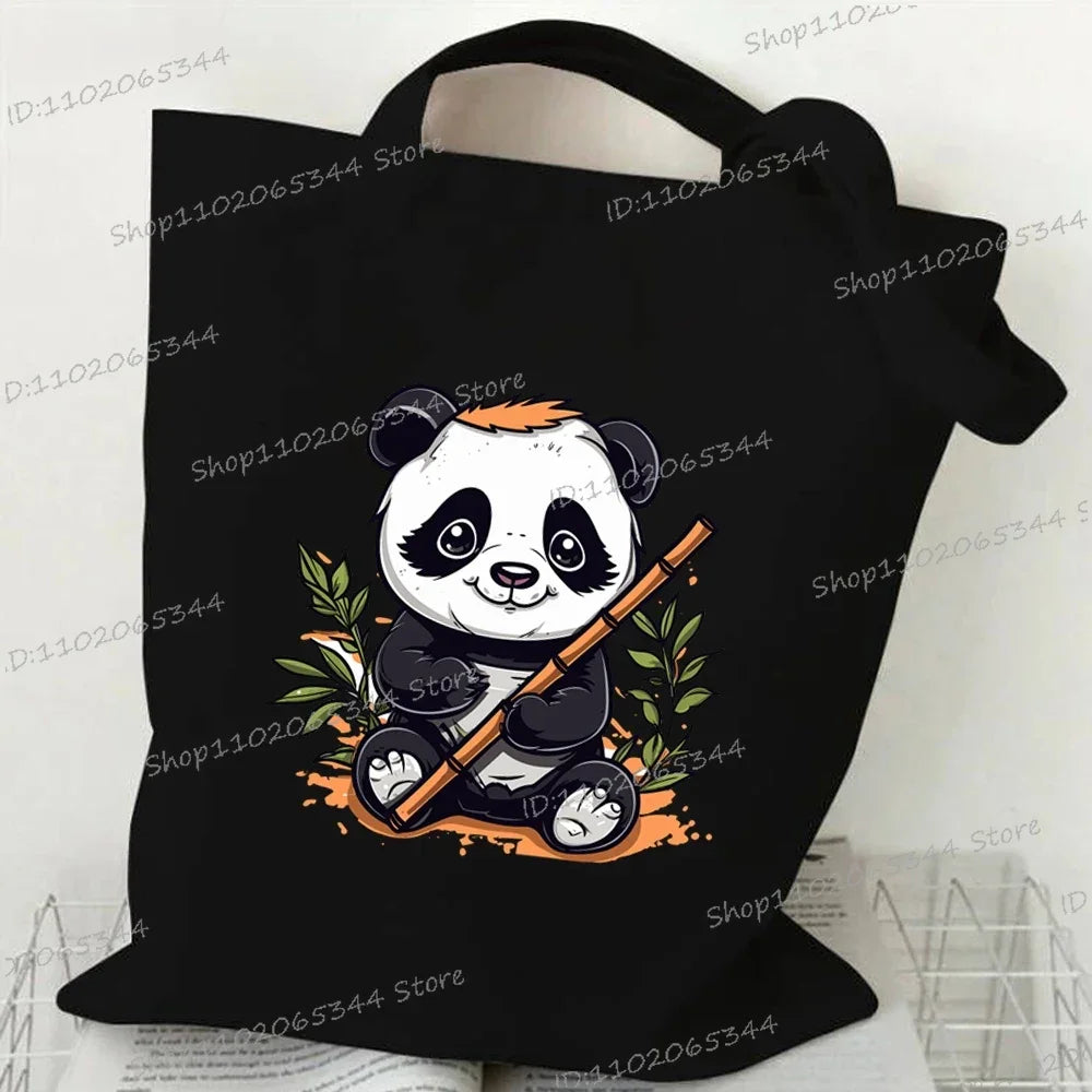 Canvas Bag for Women Cartoon Panda Printed Shopper Handbags Storage Reusable Canvas Shoulder Bag China Panda Female Tote Bag 5
