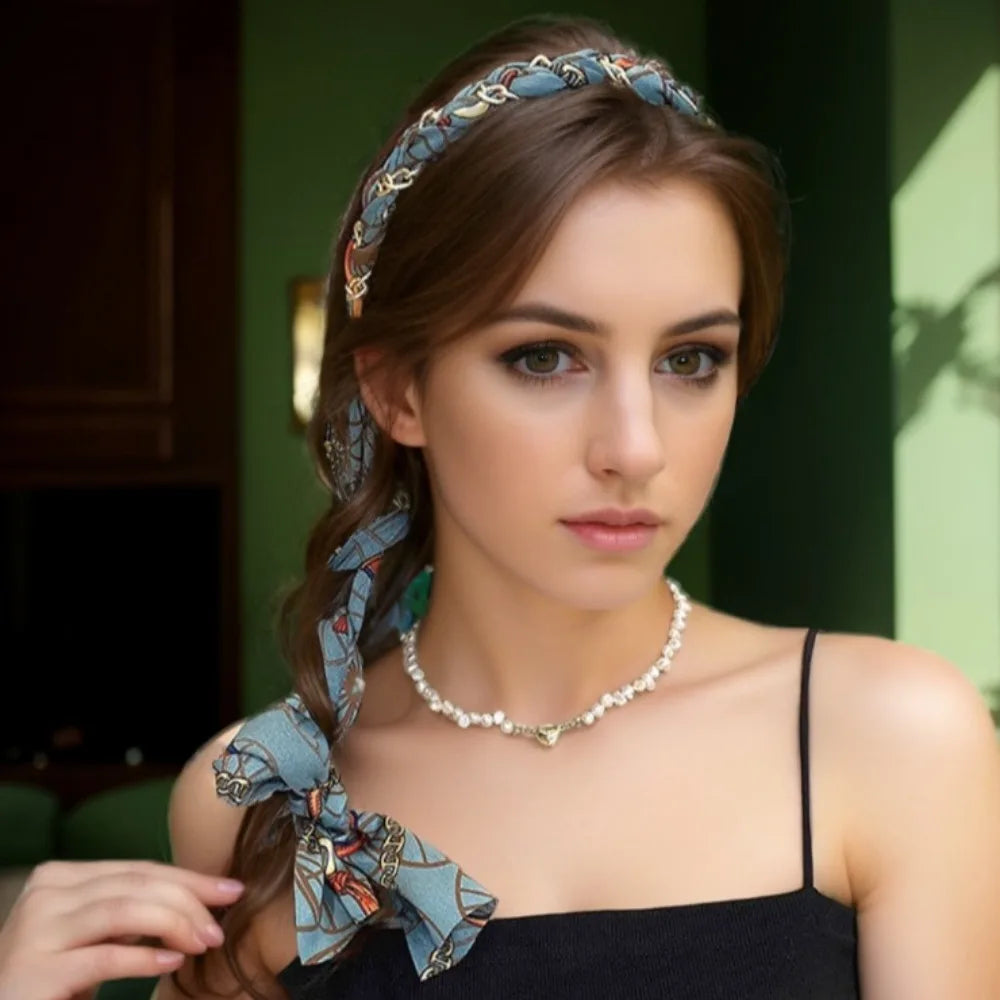 Retro Silk Scarf Headband Floral Print Pearl Braided Hairband Adjustable Bow Non Slip Ribbon Hairband for Women Girls Kid