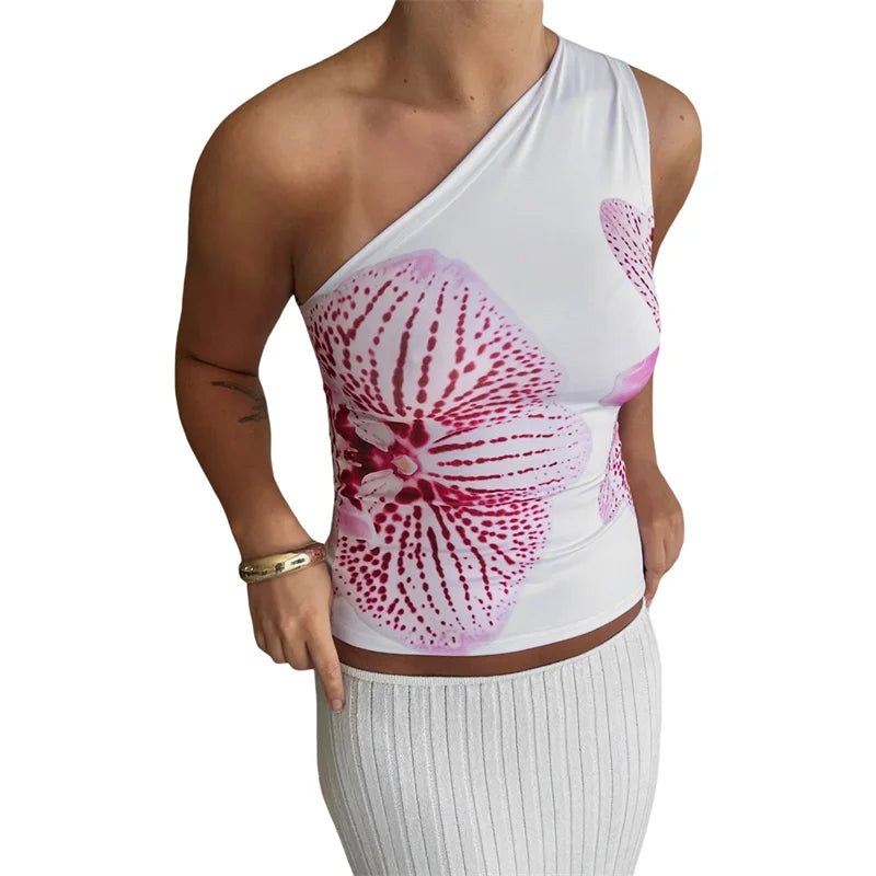 Xingqing One Shoulder Tank Top for Women Floral Print Sleeveless Backless Vest Cropped T Shirt y2k Aesthetic Clothing Streetwear As photo shows 2